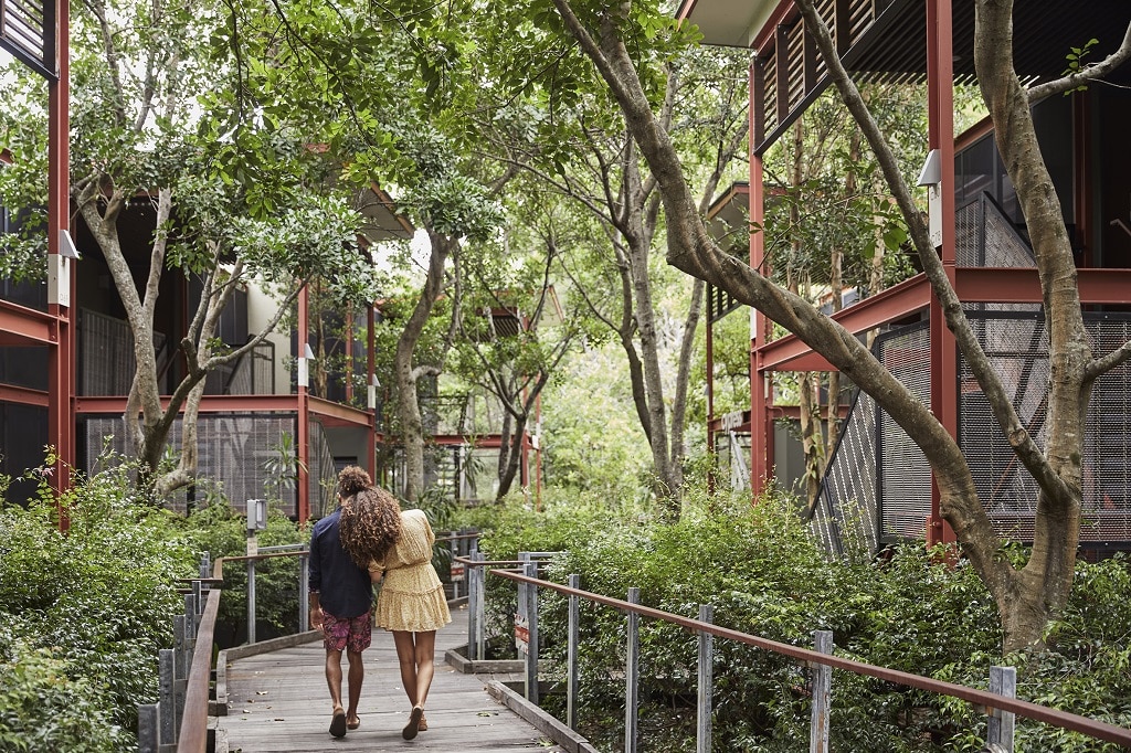 Wander through a lush rainforest resort at Crystalbrook Byron on the way to Forest Restaurant